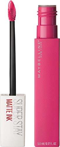 Maybelline Superstay Matte Ink liquid lipstick with a bright pink tube, black wand and doe-foot applicator