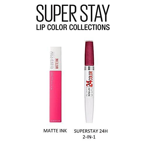 Maybelline Superstay Matte Ink lip color collection featuring a bright pink matte ink tube and a white 24-hour 2-in-1 product