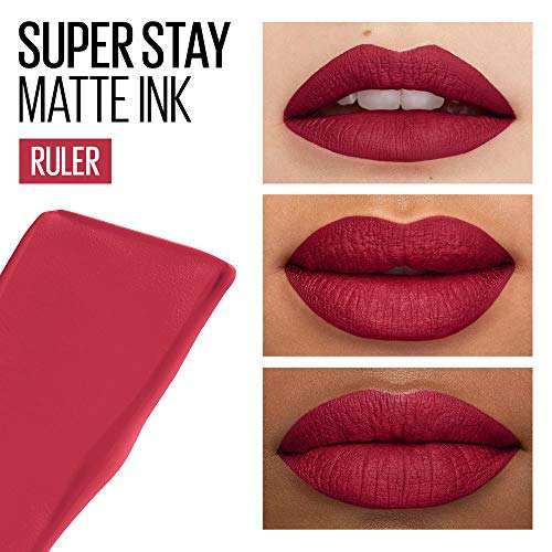 Maybelline Superstay Matte Ink lipstick shown with a bright pink tube and deep berry-red matte lip swatches