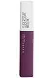 Maybelline Superstay Matte Ink liquid lipstick in a deep plum tube with a white cap and printed branding