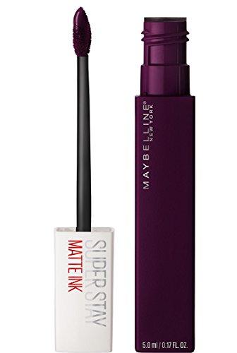 Maybelline Superstay Matte Ink liquid lipstick with a deep plum tube, black wand and plum-coated doe-foot applicator
