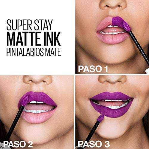 Maybelline Superstay Matte Ink liquid lipstick applied to lips in vivid purple, shown with a precision applicator in three steps