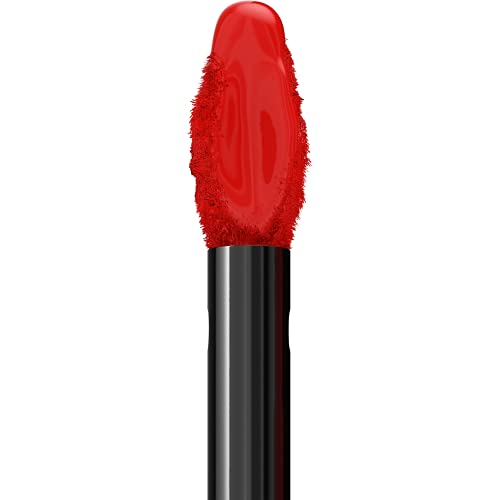 Maybelline Superstay Matte Ink applicator with a vivid red liquid lipstick-coated tip and sleek black handle