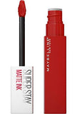 Maybelline Superstay Matte Ink liquid lipstick in vivid red, shown with a matching red-coated precision applicator and white cap.