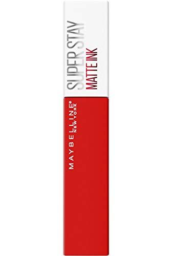 Maybelline Superstay Matte Ink liquid lipstick in a red rectangular tube with a white cap and bold printed lettering