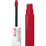 Maybelline Superstay Matte Ink liquid lipstick in a red tube with a black wand and red doe-foot applicator