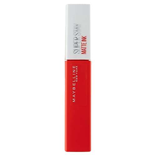Maybelline Superstay Matte Ink liquid lipstick in a vivid red rectangular tube with a white cap and printed branding
