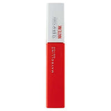 Maybelline Superstay Matte Ink liquid lipstick in a vivid red rectangular tube with a white cap and printed branding