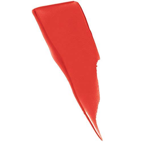 Maybelline Superstay Matte Ink liquid lipstick swatch in vivid warm red-orange with a smooth matte finish