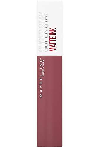 Maybelline Superstay Matte Ink liquid lipstick in a muted rose-nude shade, with a white cap and rectangular tube.