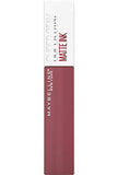 Maybelline Superstay Matte Ink liquid lipstick in a muted rose-nude shade, with a white cap and rectangular tube.