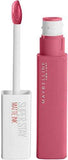 Maybelline Superstay Matte Ink liquid lipstick in a vivid rose-pink tube with a white applicator wand and coated doe-foot tip