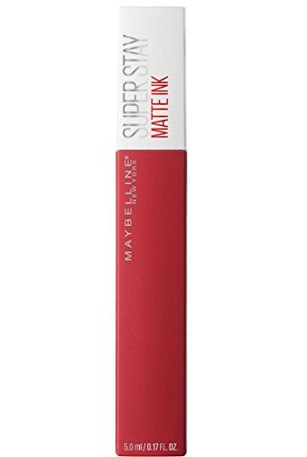 Maybelline Superstay Matte Ink liquid lipstick in a deep rosy red tube with a white cap and matte ink lettering