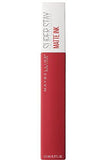 Maybelline Superstay Matte Ink liquid lipstick in a deep rosy red tube with a white cap and matte ink lettering