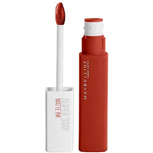 Maybelline Superstay Matte Ink liquid lipstick with a rust-red tube and matching doe-foot applicator coated in warm red pigment
