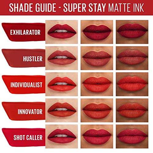 Maybelline Superstay Matte Ink shade guide showing five red and pink lipstick swatches with lip color examples