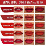 Maybelline Superstay Matte Ink shade guide showing five red and pink lipstick swatches with lip color examples