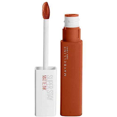 Maybelline Superstay Matte Ink liquid lipstick with a warm terracotta-brown tube and matching color on the applicator
