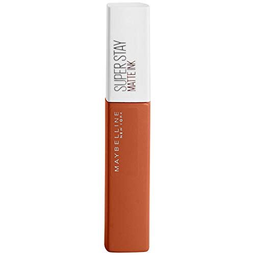 Maybelline Superstay Matte Ink liquid lipstick in a warm terracotta nude tube with a white cap and slim rectangular shape