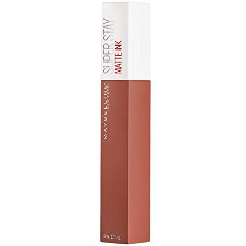 Maybelline Superstay Matte Ink liquid lipstick in warm nude terracotta, housed in a rectangular tube with a white cap