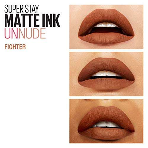Maybelline Superstay Matte Ink liquid lipstick shown in three warm nude matte shades worn on lips