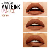 Maybelline Superstay Matte Ink liquid lipstick shown in three warm nude matte shades worn on lips