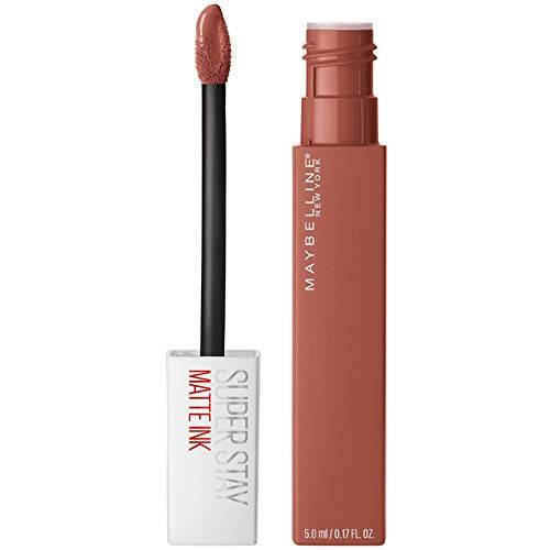 Maybelline Superstay Matte Ink liquid lipstick in warm nude rose, with a matching rectangular tube and doe-foot applicator