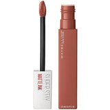 Maybelline Superstay Matte Ink liquid lipstick in warm nude rose, with a matching rectangular tube and doe-foot applicator