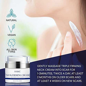 Neck Firming Cream in a white jar with a silver lid and navy lettering, shown with matching blue and white box