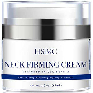 Neck Firming Cream in a white cylindrical jar with a reflective silver lid and navy blue label