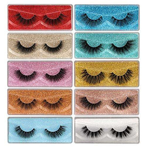 Newcally Lashes 10 pairs of black fluffy, wispy false eyelashes in varied styles, displayed in colorful glitter boxes