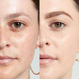 NYX Born to Glow Foundation shown in a before-and-after face comparison, with a natural radiant finish and smoother-looking skin