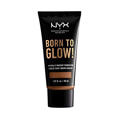 NYX Born to Glow Foundation in a black squeeze tube with gold lettering and a warm beige shade band