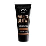 NYX Born to Glow Foundation in a black squeeze tube with gold lettering and a warm beige shade band
