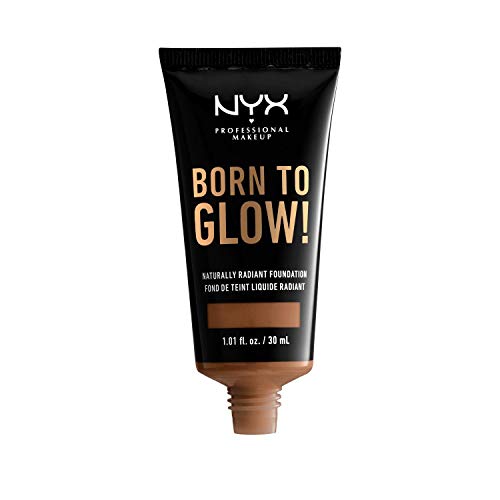 NYX Born to Glow Foundation in a black tube with gold lettering and a warm beige dispensing nozzle