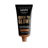 NYX Born to Glow Foundation in a black tube with gold lettering and a warm beige dispensing nozzle