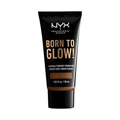 NYX Born to Glow Foundation in a black squeeze tube with gold lettering and a warm beige shade band