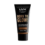 NYX Born to Glow Foundation in a black squeeze tube with gold lettering and a warm beige shade band