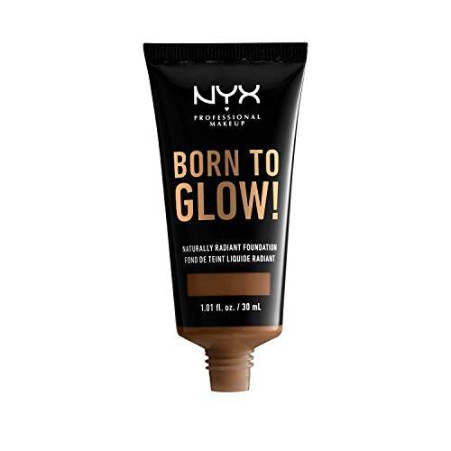 NYX Born to Glow Foundation in a black squeeze tube with gold lettering and a brown-toned cap, labeled naturally radiant foundation