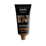 NYX Born to Glow Foundation in a black squeeze tube with gold lettering and a brown-toned cap, labeled naturally radiant foundation