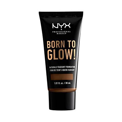 NYX Born to Glow Foundation in a black squeeze tube with gold lettering and a warm beige shade band