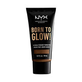 NYX Born to Glow Foundation in a black squeeze tube with gold lettering and a warm beige shade band