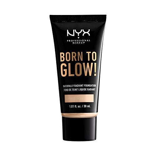 NYX Born to Glow Foundation in a black tube with gold lettering, a beige shade window, and radiant finish label