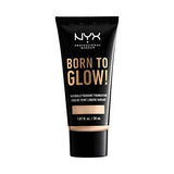 NYX Born to Glow Foundation in a black tube with gold lettering, a beige shade window, and radiant finish label