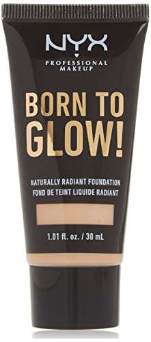 NYX Born to Glow Foundation in a black squeeze tube with gold lettering and a beige shade panel near the base