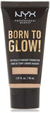 NYX Born to Glow Foundation in a black squeeze tube with gold lettering and a beige shade panel near the base