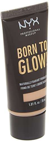NYX Born to Glow Foundation in a black squeeze tube with gold lettering and a beige Natural shade band