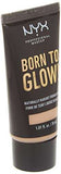 NYX Born to Glow Foundation in a black squeeze tube with gold lettering and a beige Natural shade band