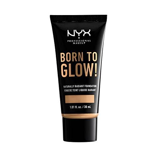 NYX Born to Glow Foundation in a black squeeze tube with gold lettering and a warm beige shade band