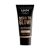 NYX Born to Glow Foundation in a black squeeze tube with gold lettering and a warm beige shade band